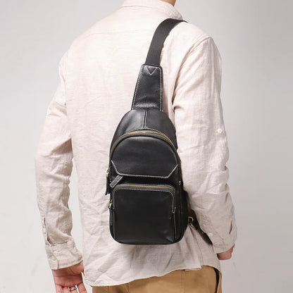 Men S Genuine Leather Chest Bag Casual Sports Crossbody Single-Shoulder Backpack Large-Capacity
