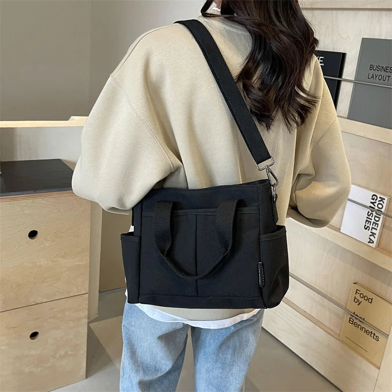 Canvas Tote Bag with Crossbody Strap & Multi-Pocket
