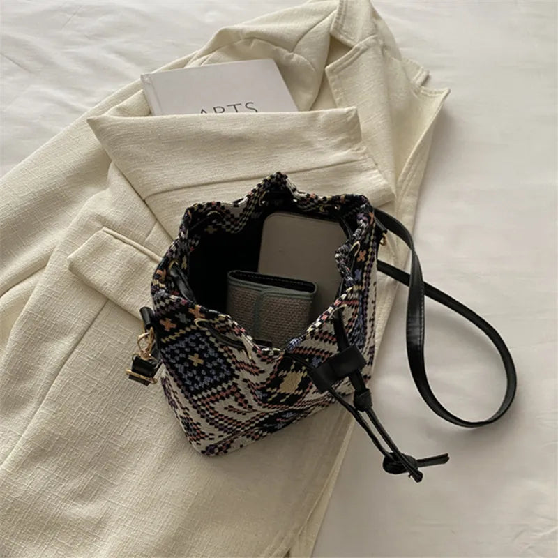 Bucket Bag for Women – Geometric Print Drawstring Crossbody Purse