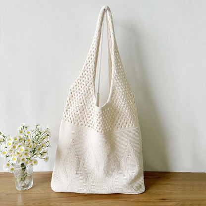 Hollow Knit Shoulder Tote Bag – Women's Large Capacity Woven Shopper