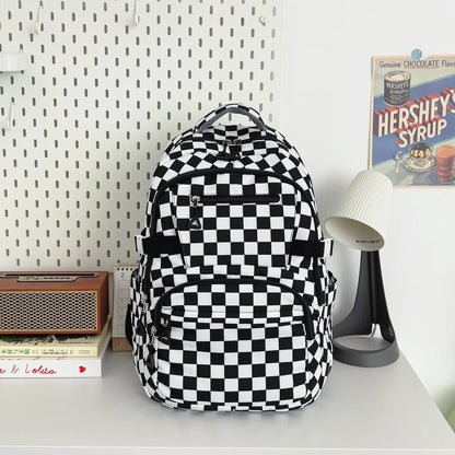 Retro Trendy Checkerboard Patterned Large Capacity Student Backpack Nylon Lightweight Casual Campus