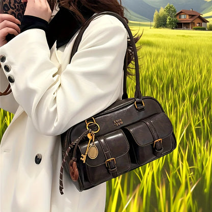 Women's Multi-Pocket Shoulder Tote Bag with Gold Hardware
