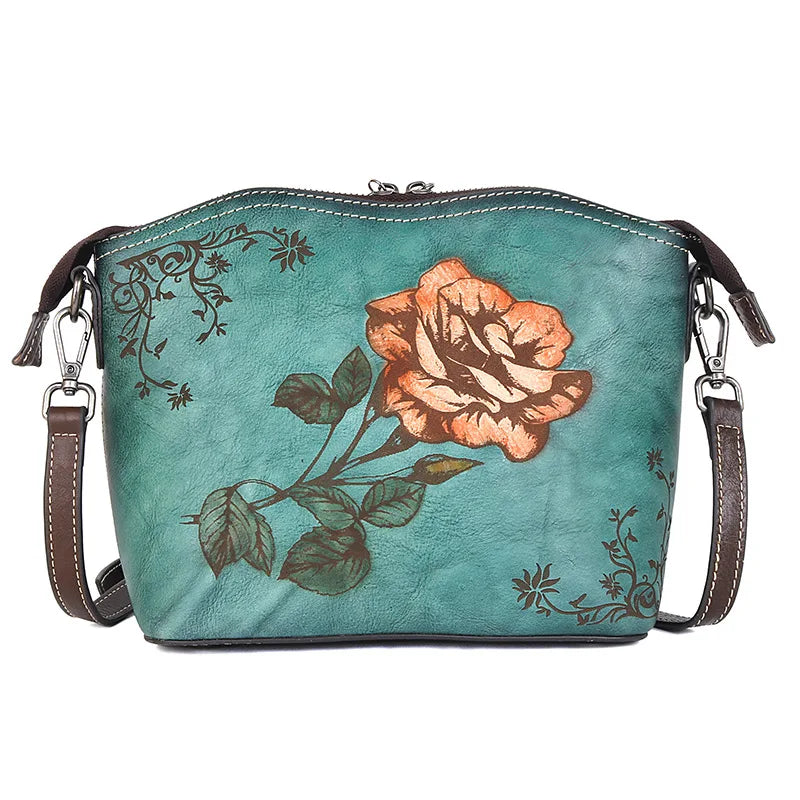Top-Grain Cowhide Single-Shoulder Crossbody Women S Bag Chinese-Style Rose Women S Single-Shoulder