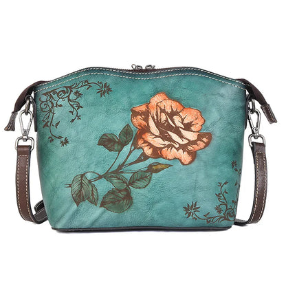 Top-Grain Cowhide Single-Shoulder Crossbody Women S Bag Chinese-Style Rose Women S Single-Shoulder