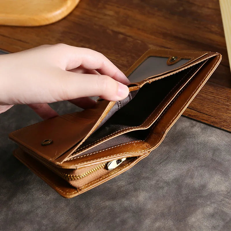 Oil Wax Leather Men S Short Wallet Zipper Pocket Coin Purse