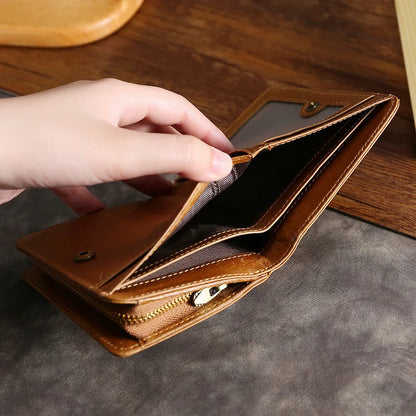 Oil Wax Leather Men S Short Wallet Zipper Pocket Coin Purse