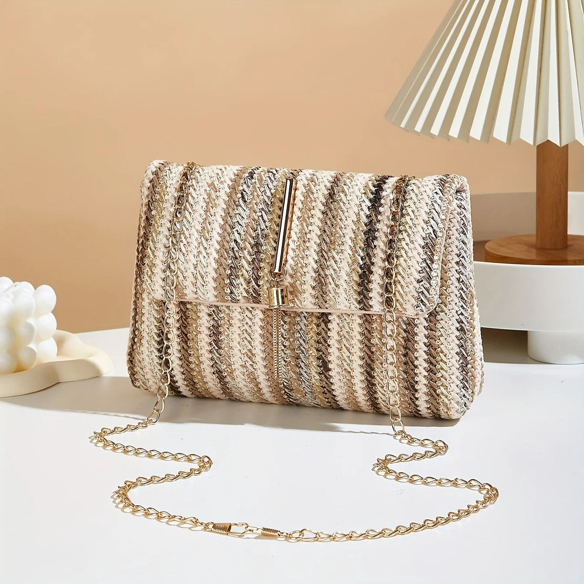 Rainbow Stripe Straw Crossbody Bag – Chain Strap & Tassel