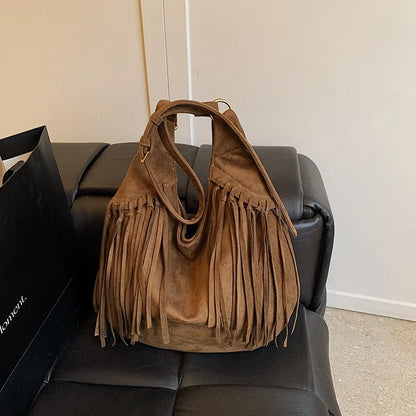 Vintage Suede Tassel Crossbody Bag – Large Capacity Shoulder Hobo Bag for Women