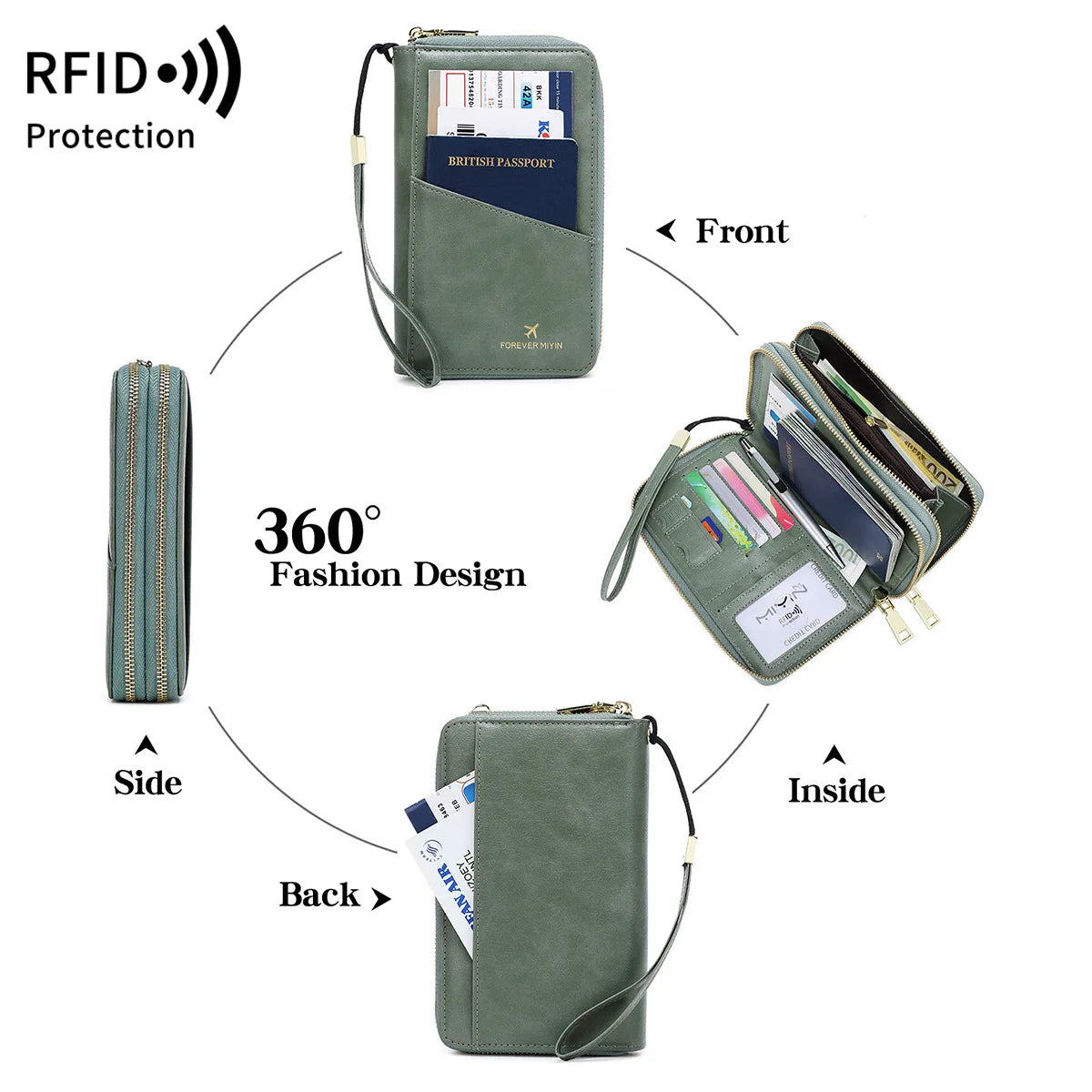 Rfid Security Brush Passport Multi-Function Storage Documents Air Tickets Travel Long Double Zipper