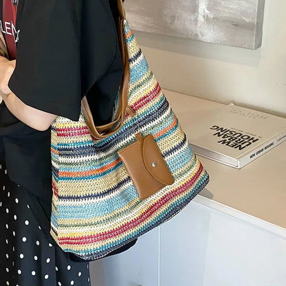 Women S Large Capacity Handmade Woven Tote Bag Commute Ins Style Vacation Beach Daily Travel