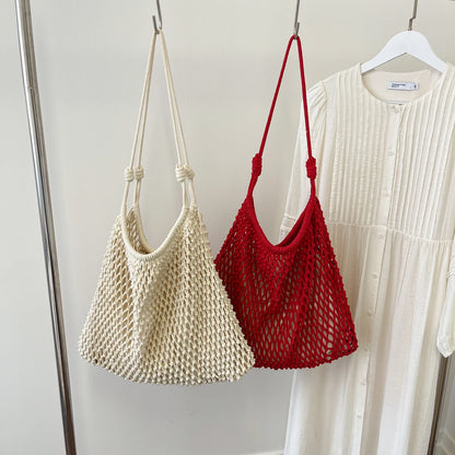 Handmade Cotton Mesh Tote Bag Large Capacity Hollow Woven Shoulder Summer Beach Vacation Shopping