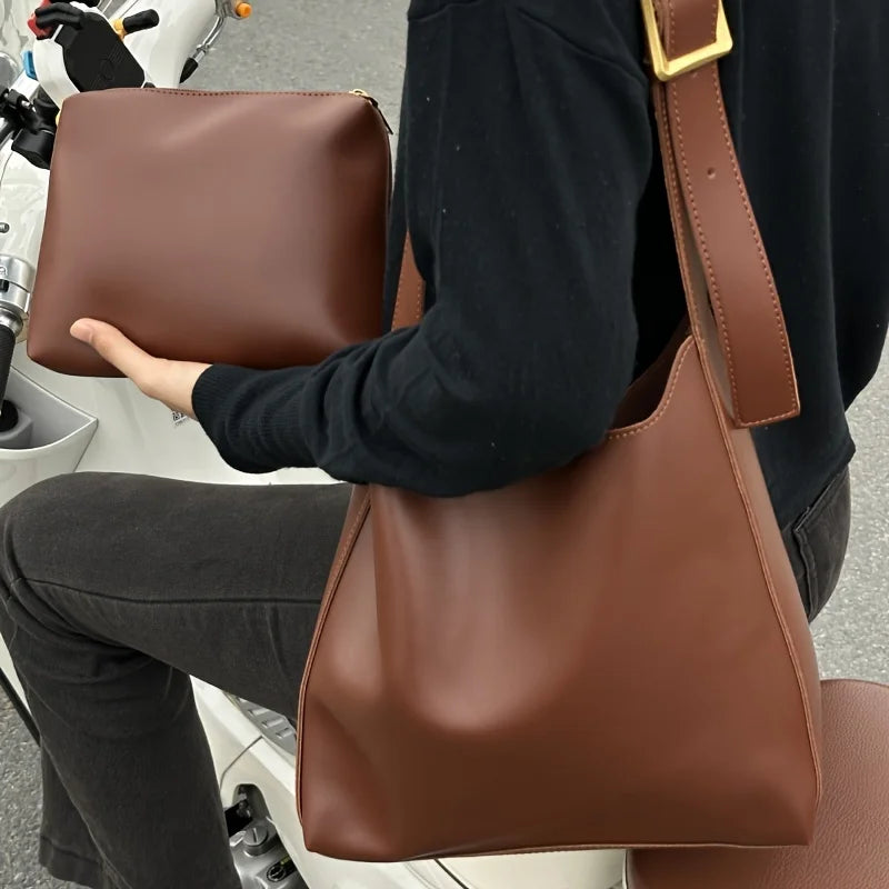 Women's Faux Leather Bucket Tote Bag with Pouch