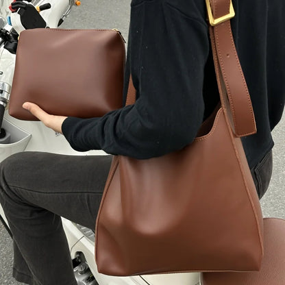Women's Faux Leather Bucket Tote Bag with Pouch