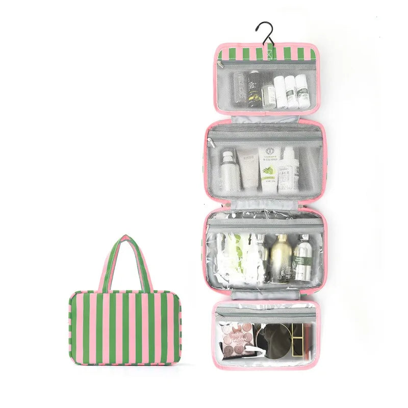 Portable Hanging Travel Toiletry Bag 4-Fold Hook Makeup Large Capacity Striped Cosmetic Purse Pouch