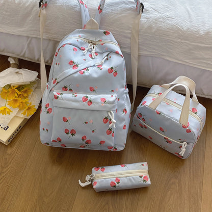 Fashionable Cute Strawberry Backpack Set 3pcs Handbag Pen Pouch Quilted Nylon Women S Dual Zipper