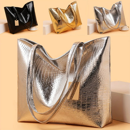 Large Capacity Tote Bag for Women – Croc-Embossed Shoulder Bag with Zipper