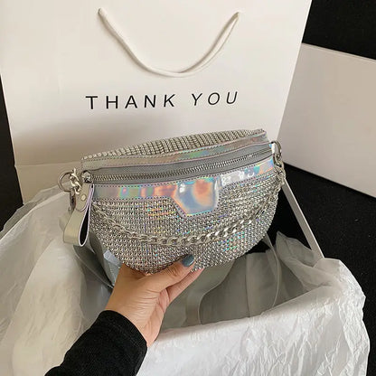 Chic Women Bling Rhinestone Fanny Pack Wide Strap Sling Crossbody Bag Sparkly Diamond Waist Purse