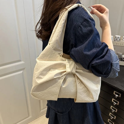 Checkered Canvas Tote Bag with Oversized Bow - Underarm Shoulder Handbag