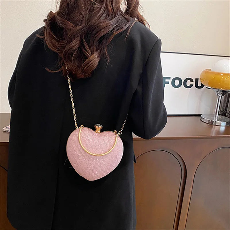 Heart Shaped Evening Bag for Women – Glitter Clutch Purse with Chain