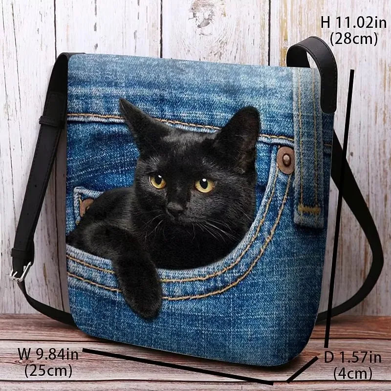 Women's Denim Crossbody Bag – Cute Cat Print Shoulder Bag