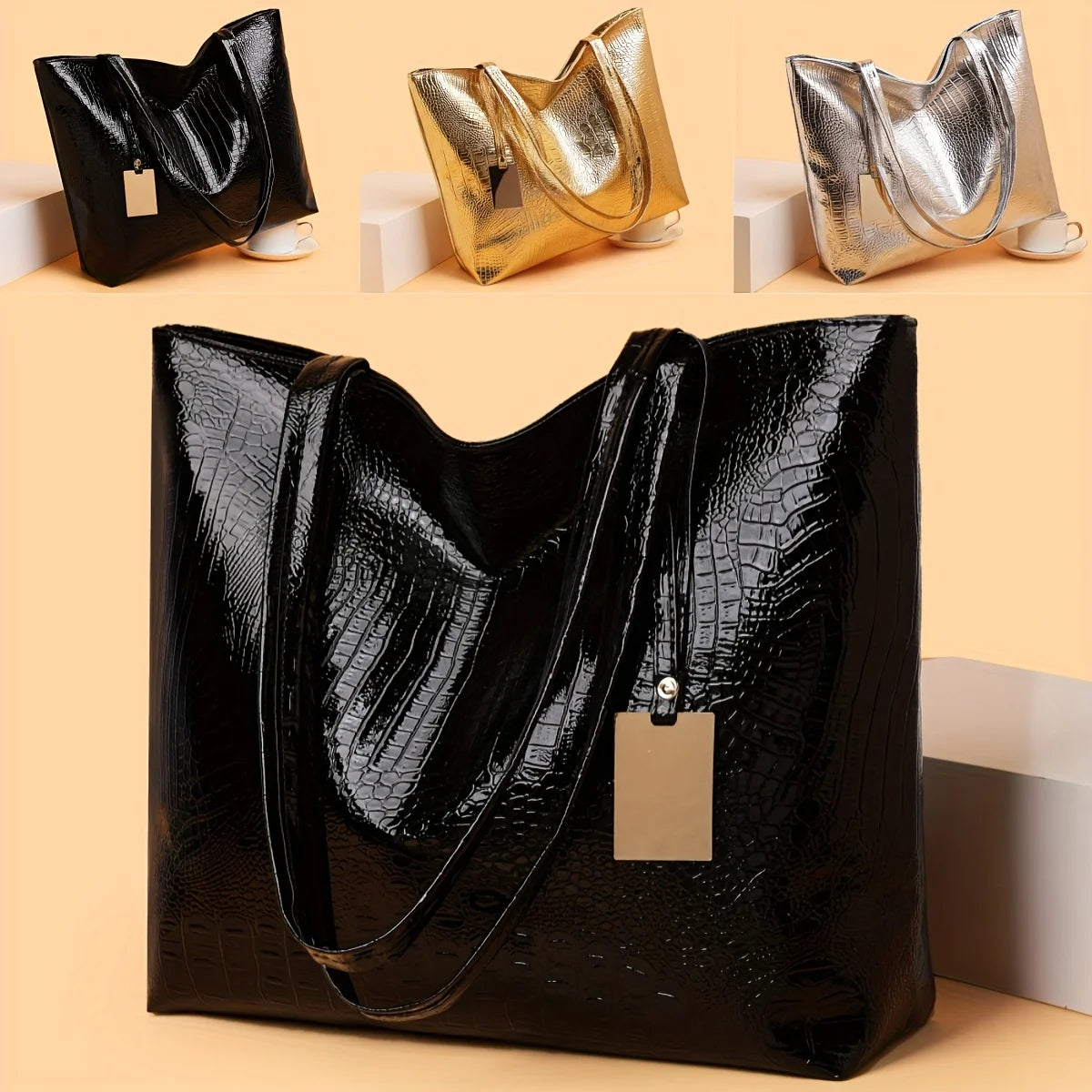 Large Capacity Tote Bag for Women – Croc-Embossed Shoulder Bag with Zipper