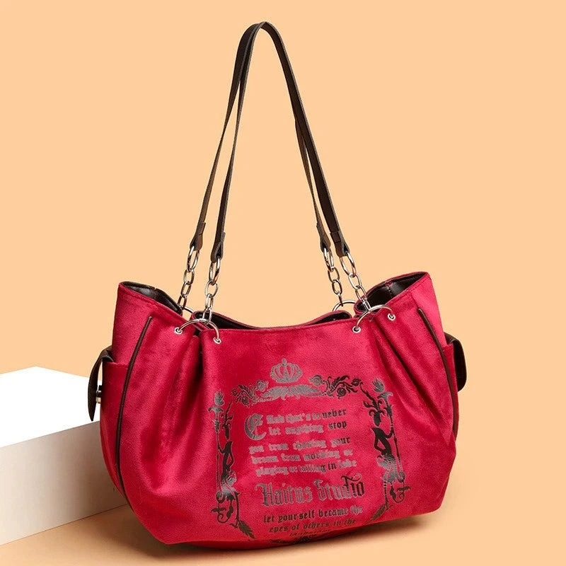 Letter Print Faux Suede Tote Bag – Retro Large Capacity Shoulder Bag for Women