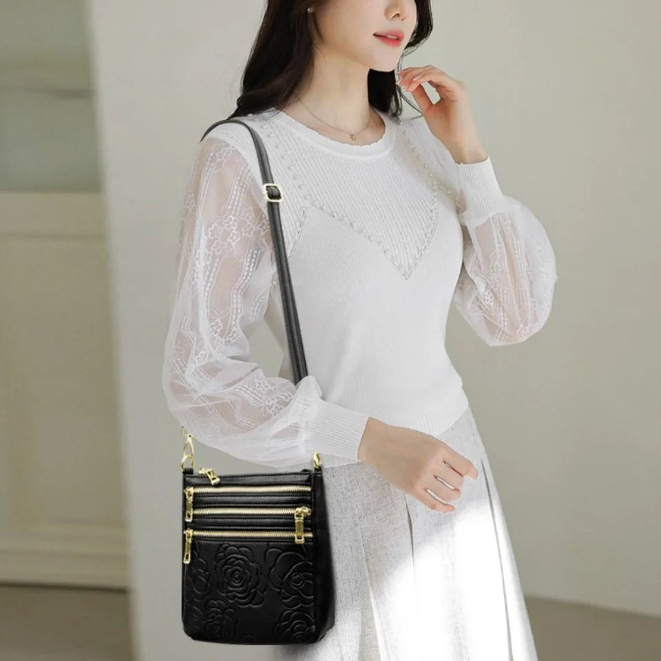 Triple Zipper Crossbody Bag – Floral Embossed Leather Shoulder Bag