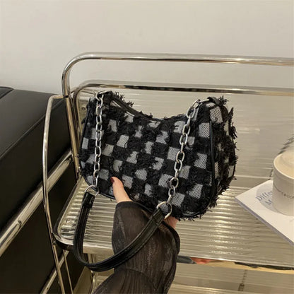 Denim Checkered Shoulder Bag for Women – Chain Strap Hobo Handbag