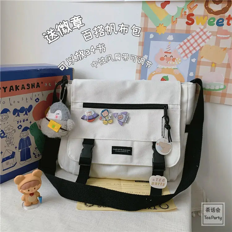Harajuku Canvas Messenger Bag – Cute Badge Crossbody