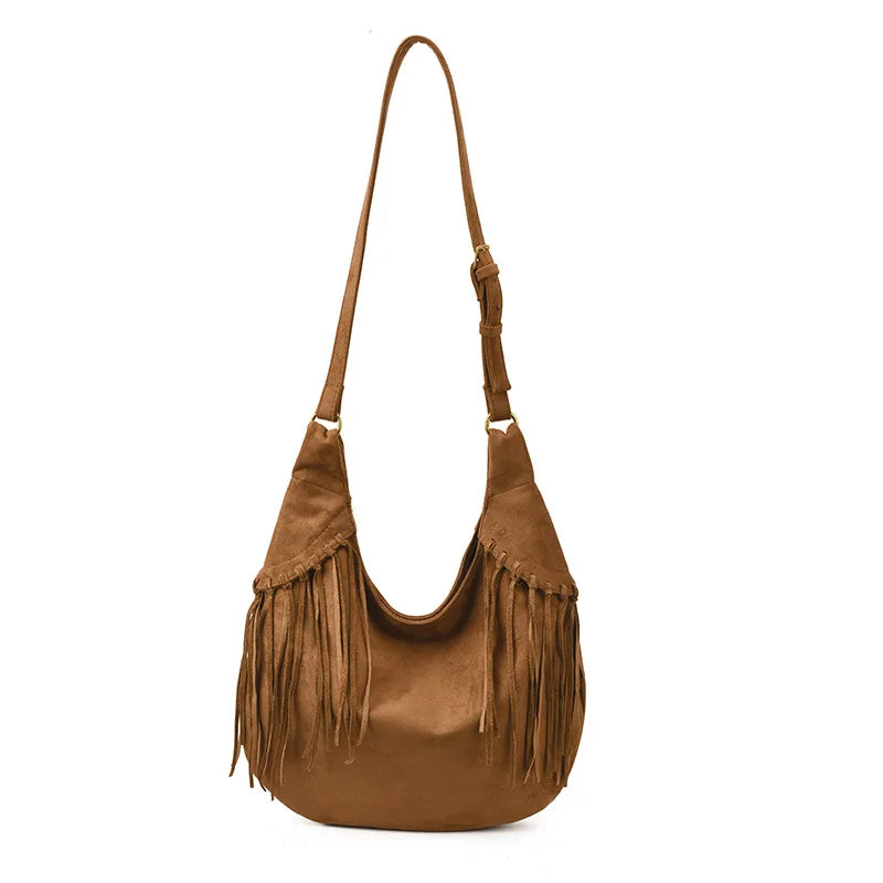 Vintage Suede Tassel Crossbody Bag – Large Capacity Shoulder Hobo Bag for Women