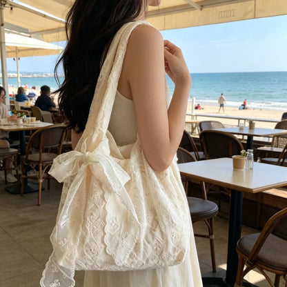 Lace Flower Tote Bag for Women – Soft Bow Accent Shoulder Purse