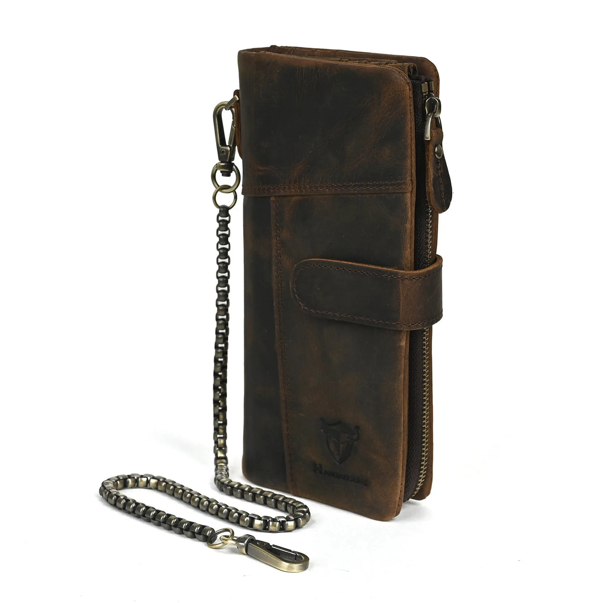 Crazy Horse Leather Men S Multi-Card Long Chain Prevent Loss Large Capacity Clap Mobile Phone
