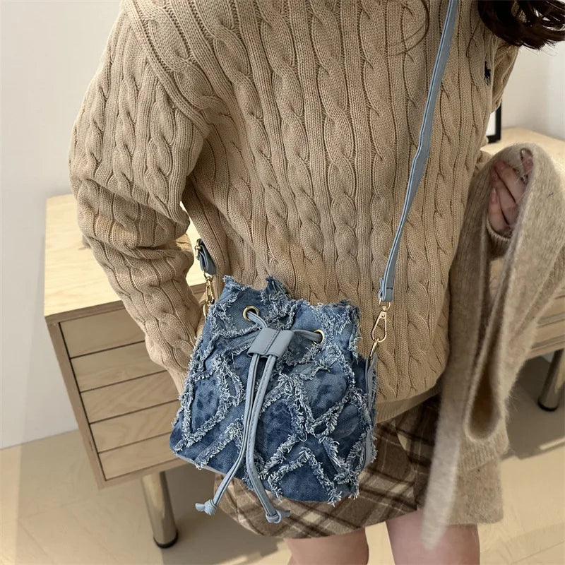 Denim Bucket Bag Women's Drawstring Crossbody Purse