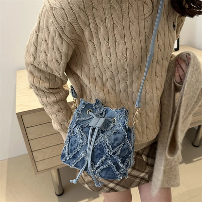 Denim Bucket Bag Women's Drawstring Crossbody Purse