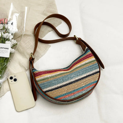 Bohemian Vacation Women Hobo Bag Stripe Woven Crossbody Adjustable Strap Multi Function Shoulder