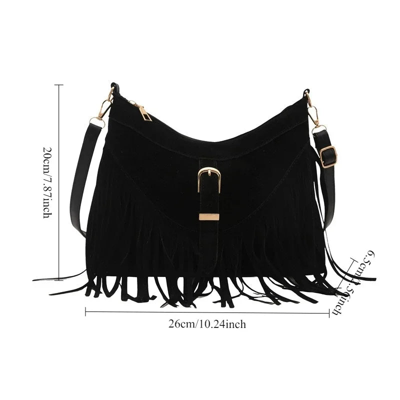 Suede Tassel Shoulder Bag for Women – Boho Fringe Crossbody