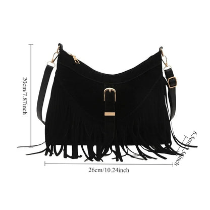 Suede Tassel Shoulder Bag for Women – Boho Fringe Crossbody