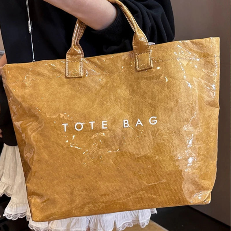 Waterproof Glossy Tote Bag with Letter Print & Double Handles