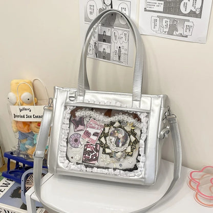 Y2k Pu Luxury Large Ita Bag Insert Women Big Clear Window Shoulder Anime Pin Display Girl Bow