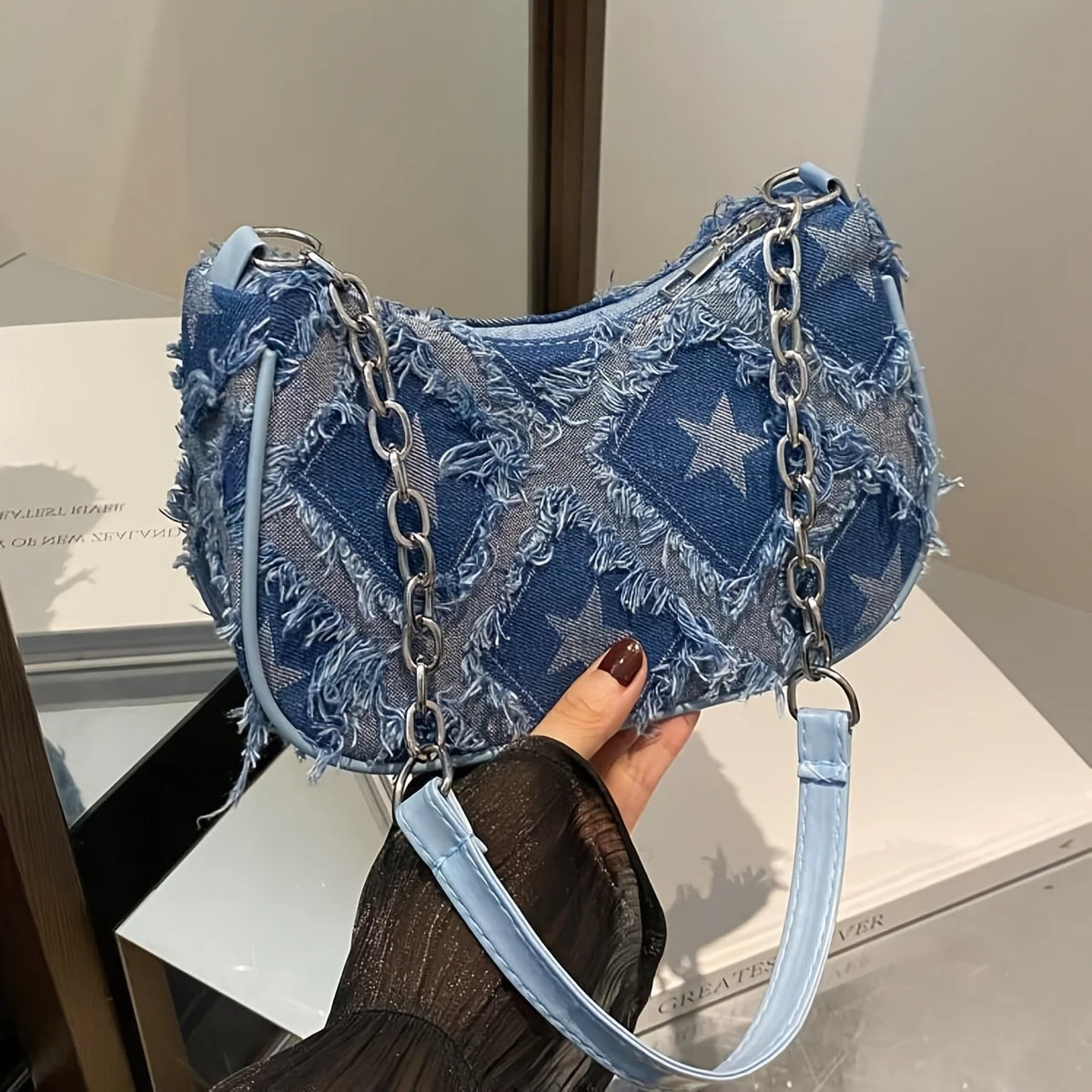 Denim Checkered Shoulder Bag for Women – Chain Strap Hobo Handbag