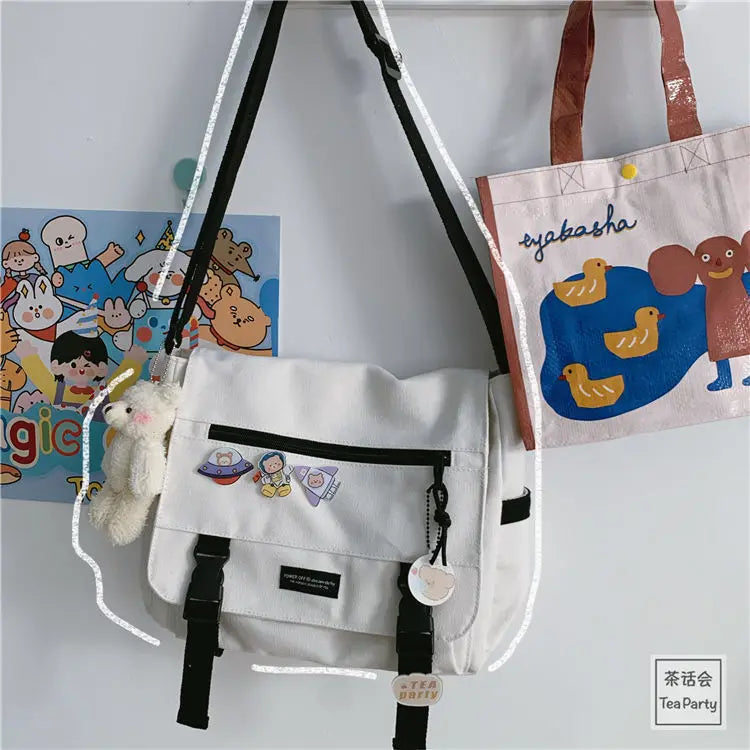 Harajuku Canvas Messenger Bag – Cute Badge Crossbody