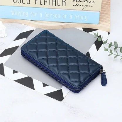 Leather Purse Women S Long Large Capacity Sheepskin Embroidered Diamond Check Zipper Wallet Mobile