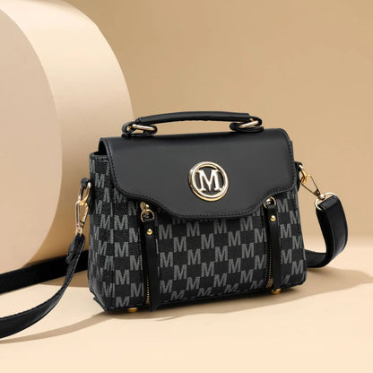 PU Leather Handbag – Vintage Monogram Shoulder Bag with Gold M Logo