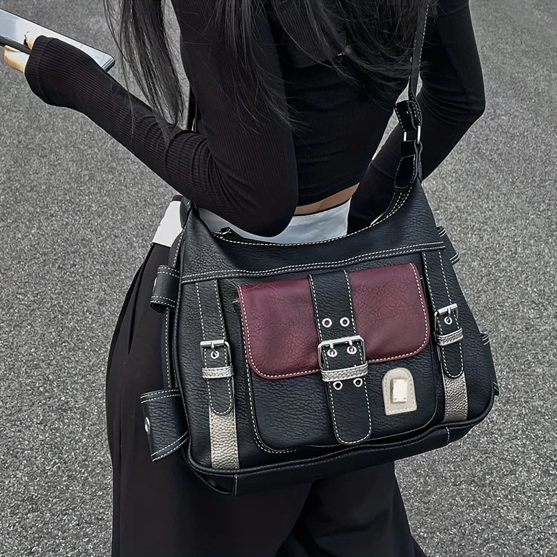 Vintage Leather Crossbody Bag – Y2K Large Capacity Shoulder Bag