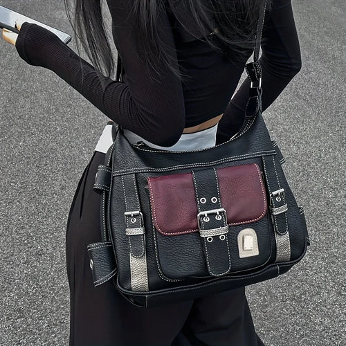 Vintage Leather Crossbody Bag – Y2K Large Capacity Shoulder Bag