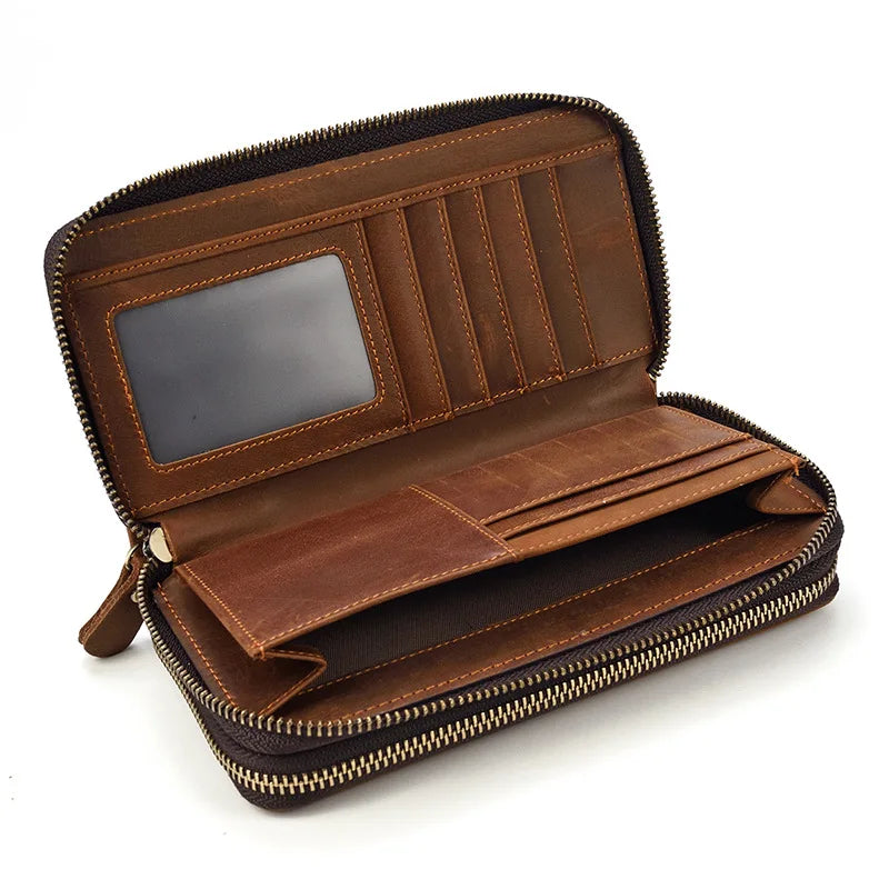 Men S Real Leather Long Wallet Crazy Horse Double Zipper Cowhinleather Hand Holding Extra Large