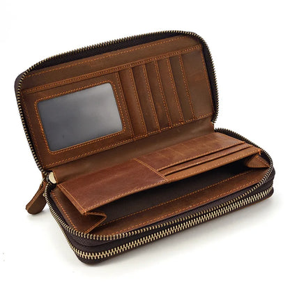 Men S Real Leather Long Wallet Crazy Horse Double Zipper Cowhinleather Hand Holding Extra Large