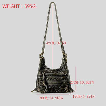 Y2k Women S Bag Retro Rivet Tote Water Washed Soft Leather Large Capacity Commuter Single Shoulder