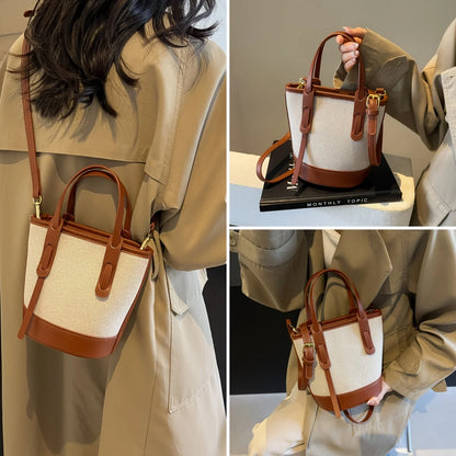 Two-Tone Canvas & Leather Bucket Bag for Women