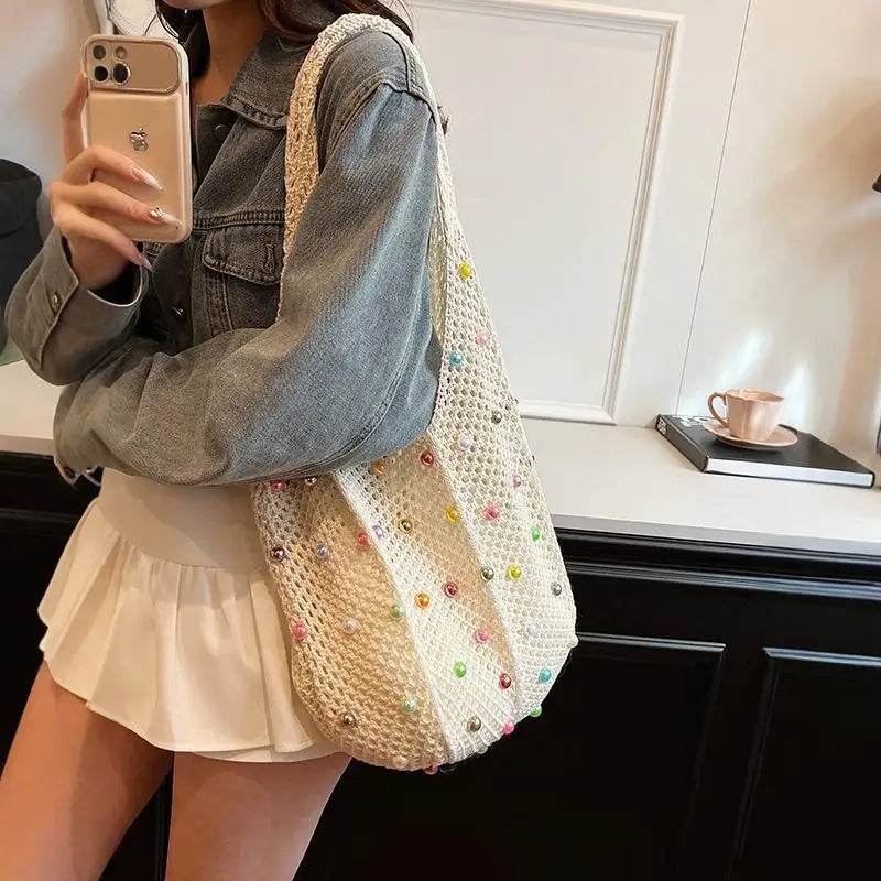Beaded Crochet Tote Bag – Large Capacity Knit Mesh Shoulder Bag